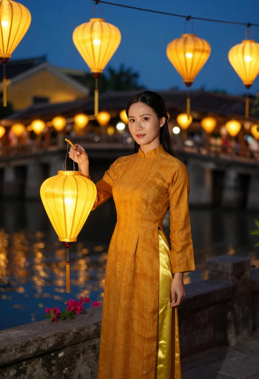 AI hoi an yellow sample — portrait of a woman, a Vietnamese woman in her mid-twenties