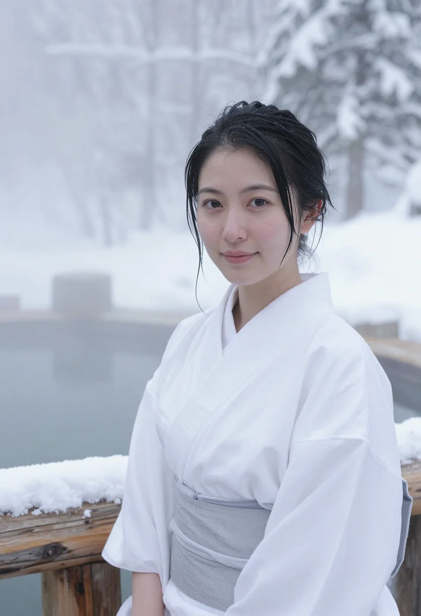 AI hokkaido onsen yukata snow white sample — portrait of a woman, framed tight, head and shoulders, the b