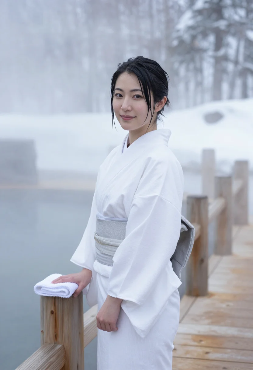 AI hokkaido onsen yukata snow white sample — portrait of a woman, framed half-length from the head to the