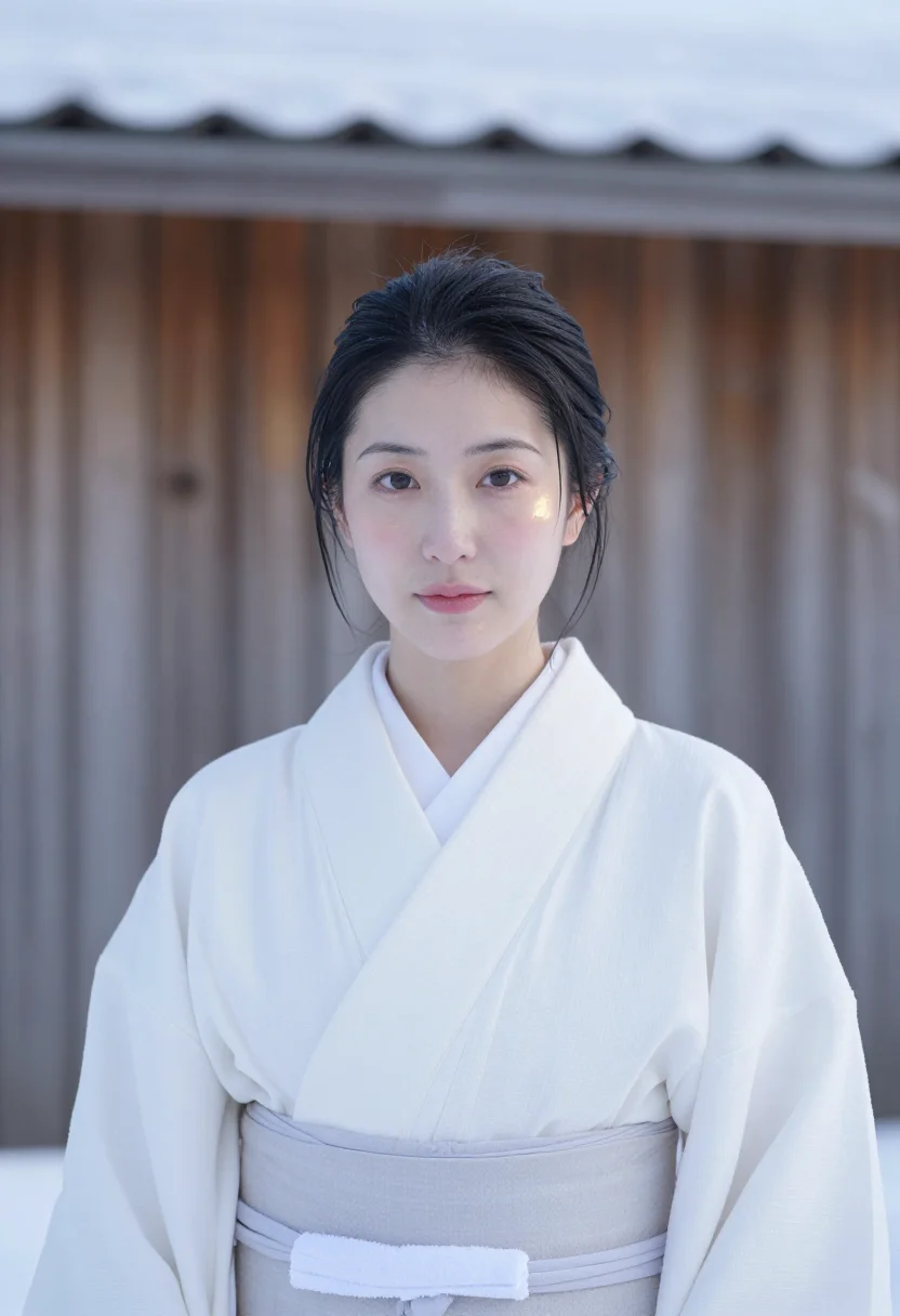 AI hokkaido onsen yukata snow white sample — portrait of a woman, framed tight, head and shoulders, the b