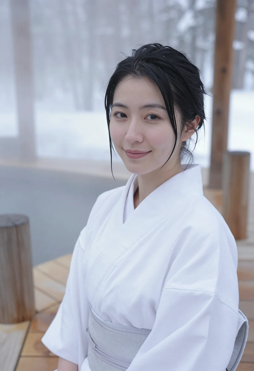 AI hokkaido onsen yukata snow white sample — portrait of a woman, framed tight, head and shoulders, the b