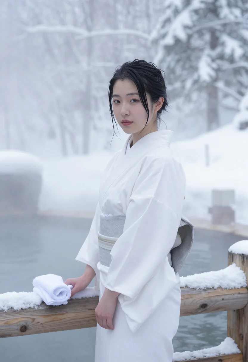 AI hokkaido onsen yukata snow white sample — portrait of a woman, framed half-length from the head to the