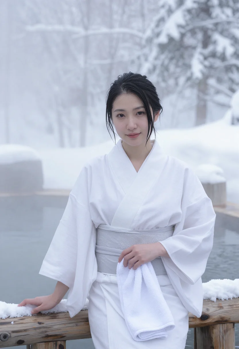 AI hokkaido onsen yukata snow white sample — portrait of a woman, framed chest-up to the ribs, the body c