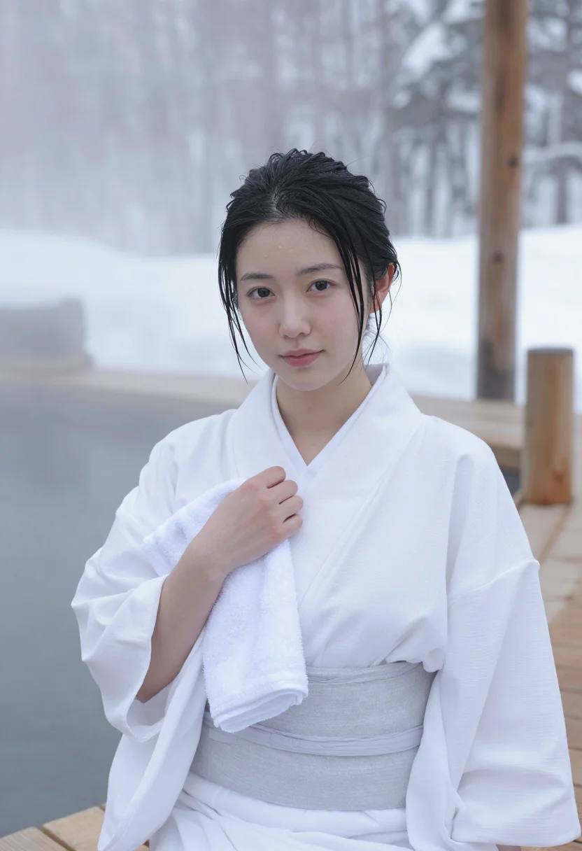 AI hokkaido onsen yukata snow white sample — portrait of a woman, framed chest-up to the ribs, the body c