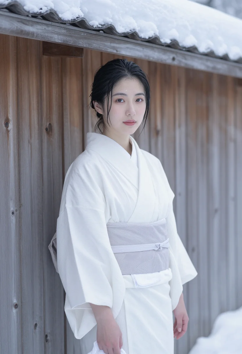 AI hokkaido onsen yukata snow white sample — portrait of a woman, framed half-length from the head to the