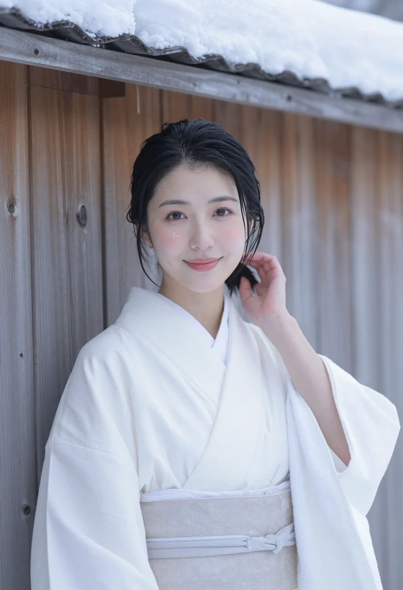 AI hokkaido onsen yukata snow white sample — portrait of a woman, framed chest-up to the ribs, the body c