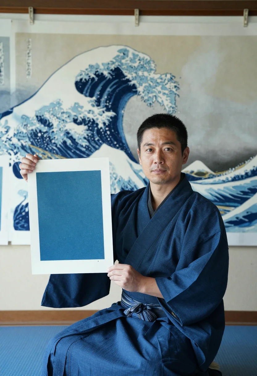 AI hokusai prussian sample — portrait of a man, half-length portrait of a Japanese man in