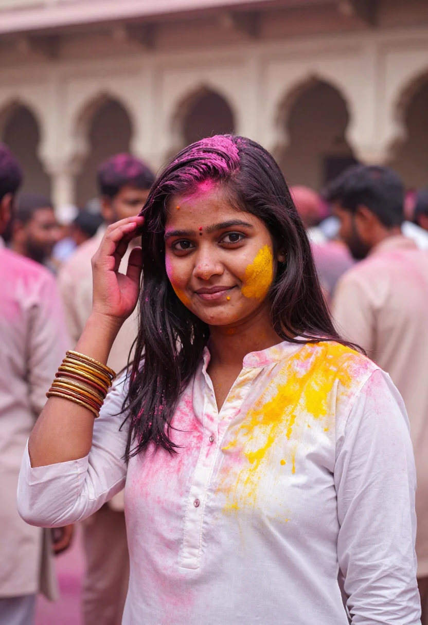 AI holi vrindavan sample — portrait of a woman, close chest-up portrait of a North Indi