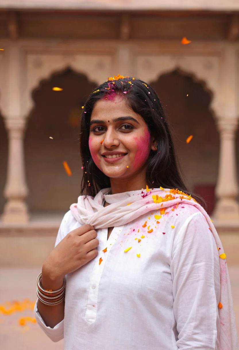 AI holi vrindavan sample — portrait of a woman, close chest-up portrait of a North Indi