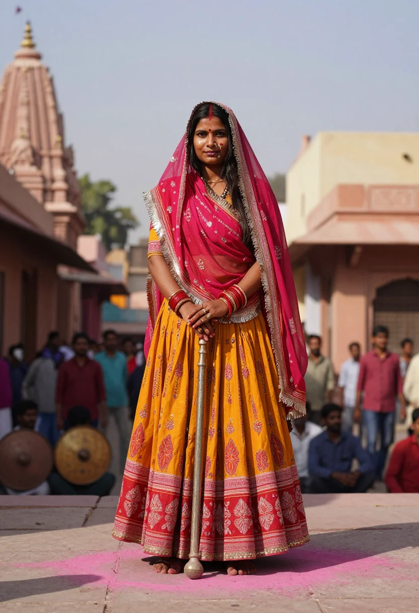 AI holi vrindavan sample — portrait of a woman, low-angle three-quarter-length portrait