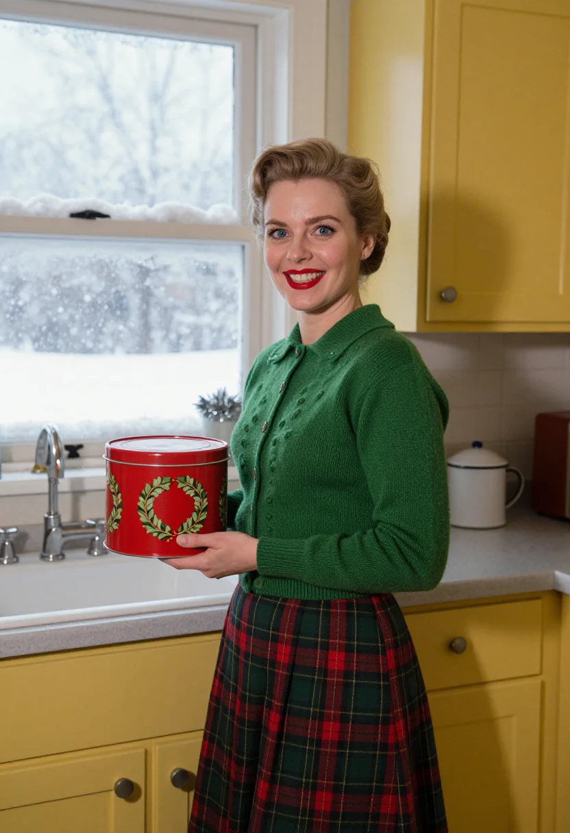 AI holiday card 1950s sample — portrait of a woman, three-quarter-length portrait of a Scan