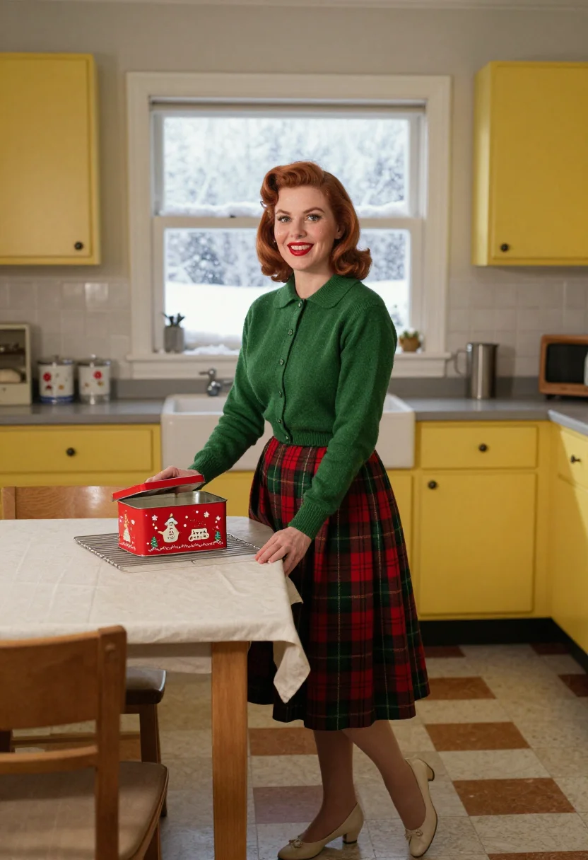 AI holiday card 1950s sample — portrait of a woman, full-length portrait of a Western-Europ