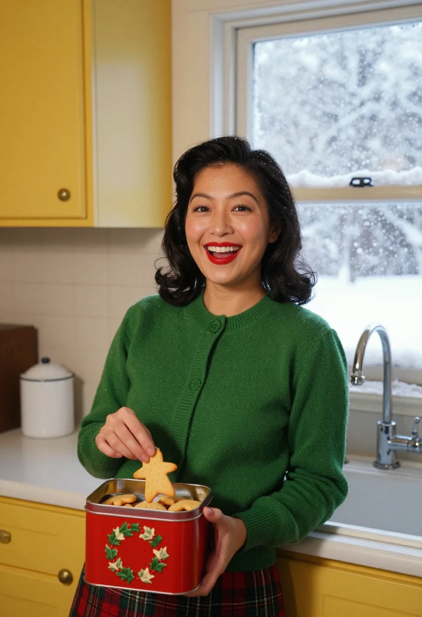 AI holiday card 1950s sample — portrait of a woman, chest-up portrait of a Japanese-America