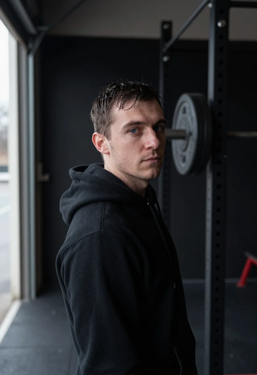 AI home gym black iron sample — portrait of a man, framed tight on the face and the hoodie's