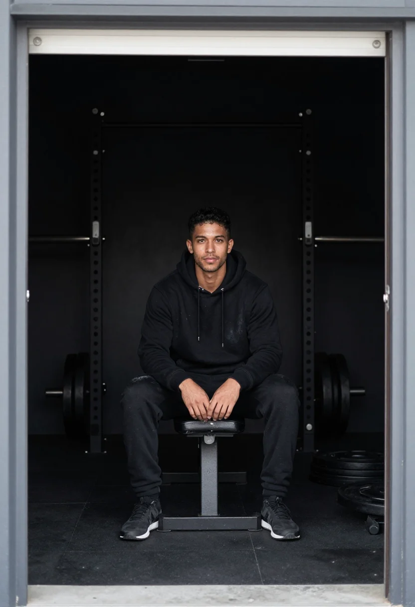 AI home gym black iron sample — portrait of a man, framed wide, the whole garage gym seen fr