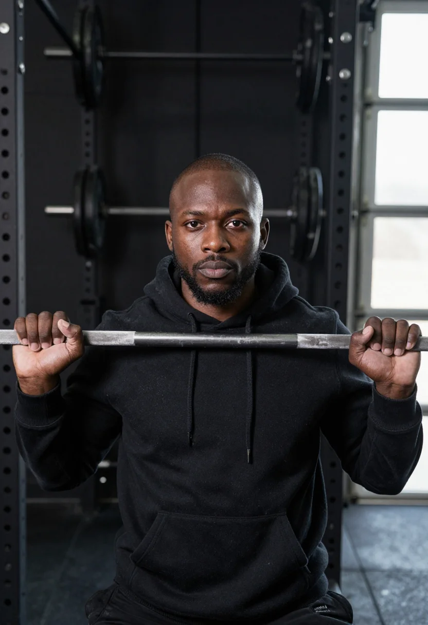 AI home gym black iron sample — portrait of a man, framed tight, head and shoulders, the bod