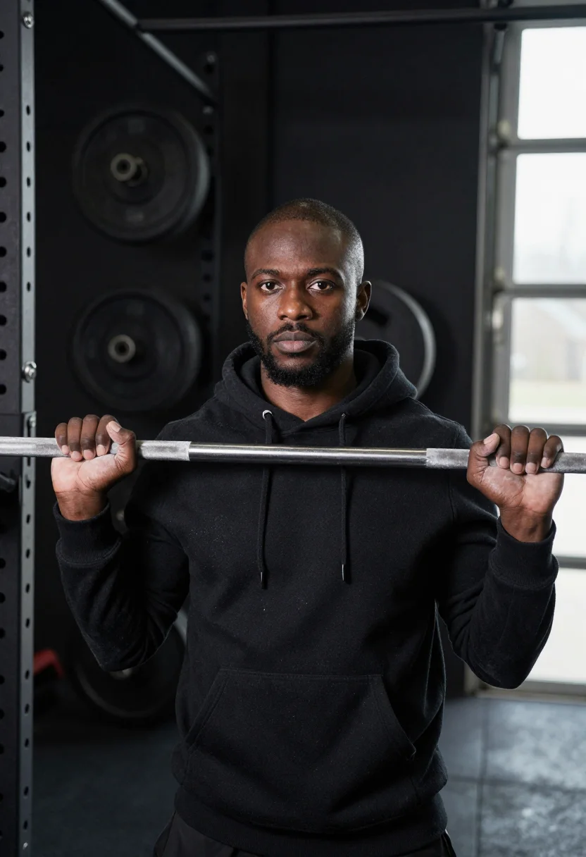 AI home gym black iron sample — portrait of a man, framed chest-up, the body close to the le