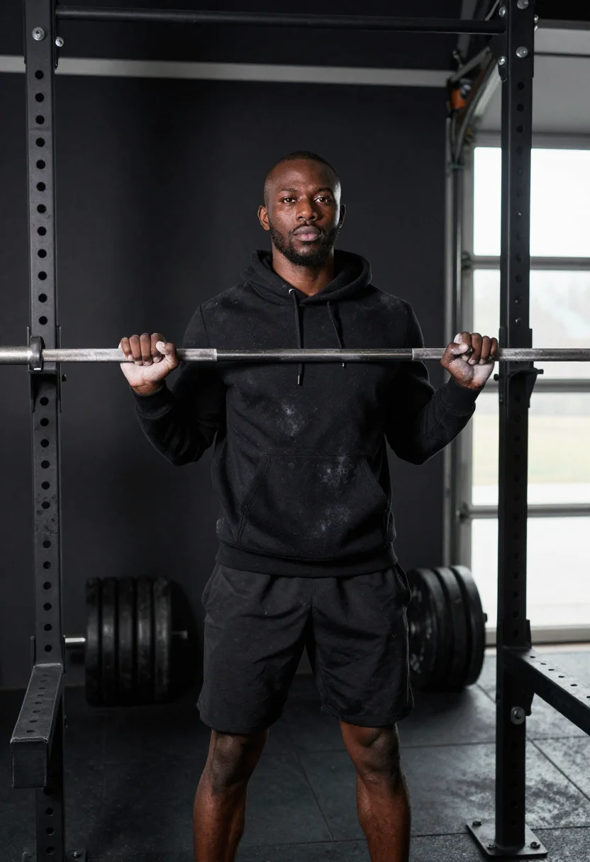 AI home gym black iron sample — portrait of a man, framed three-quarter length from the crow