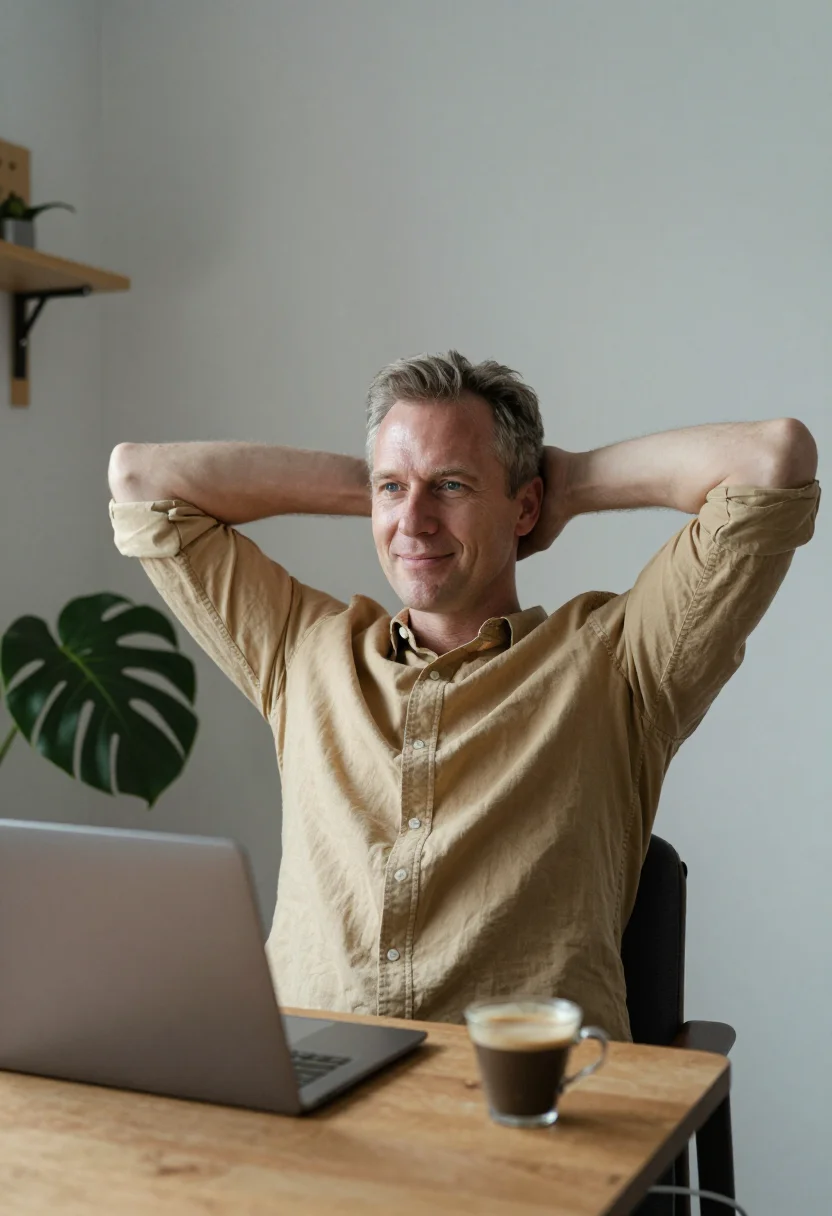 AI home office desk sample — portrait of a man, waist-up portrait of a Western-European m
