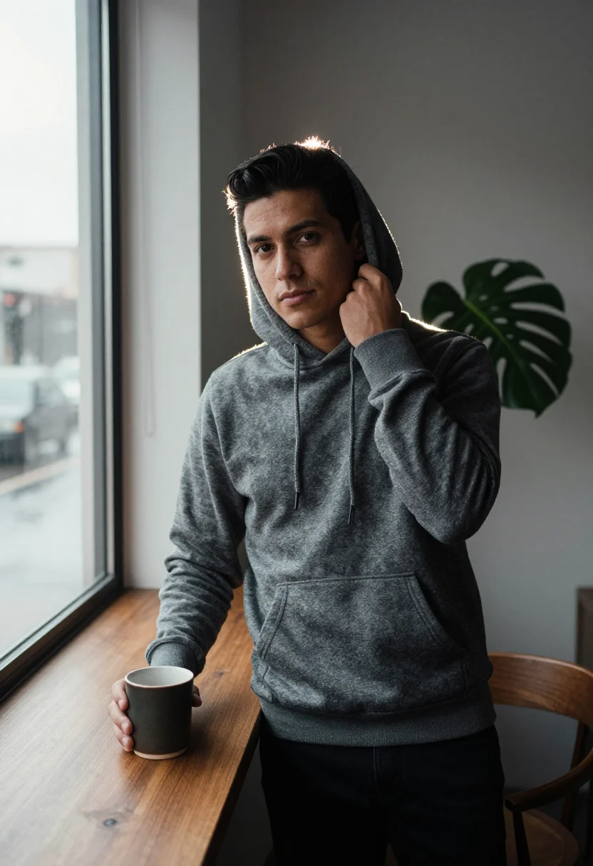 AI home office desk sample — portrait of a man, waist-up standing portrait of a Latin-Ame