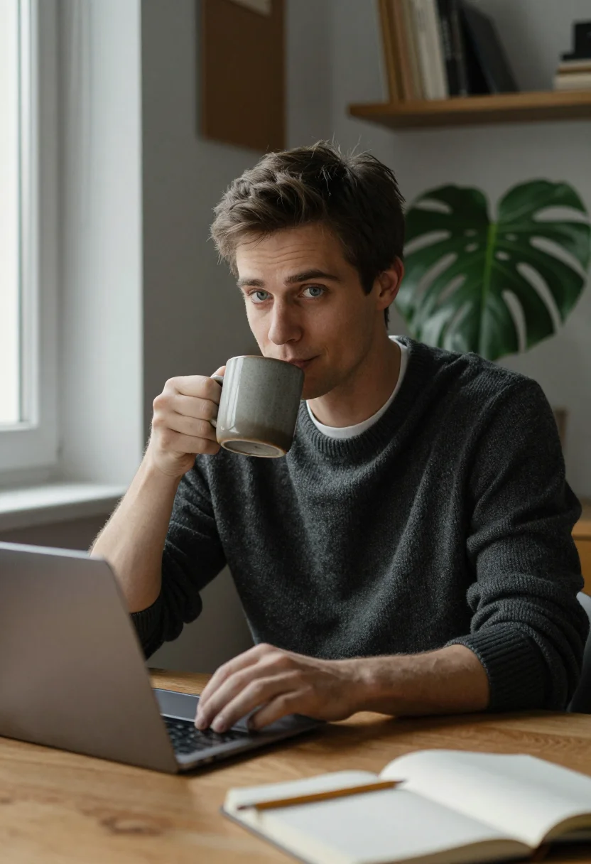 AI home office desk sample — portrait of a man, chest-up portrait of a Western-European m