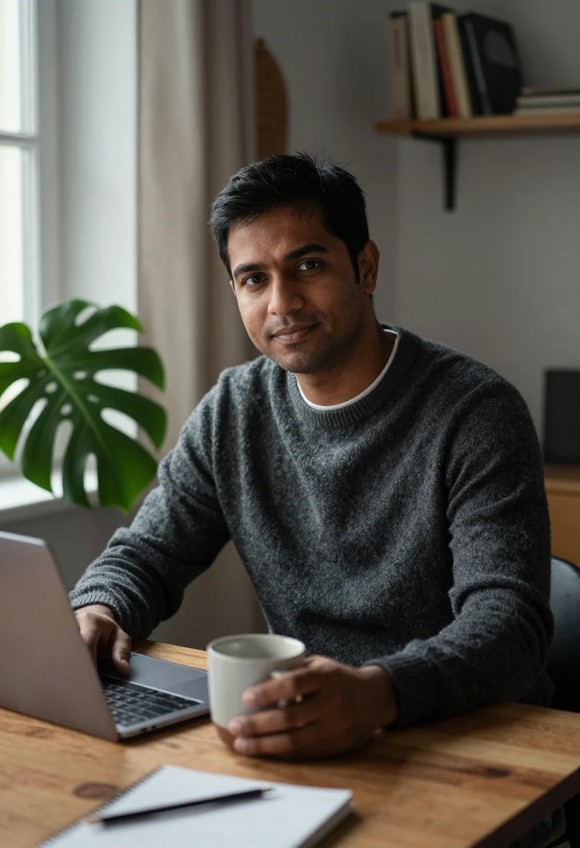 AI home office desk sample — portrait of a man, waist-up three-quarter portrait of a Sout