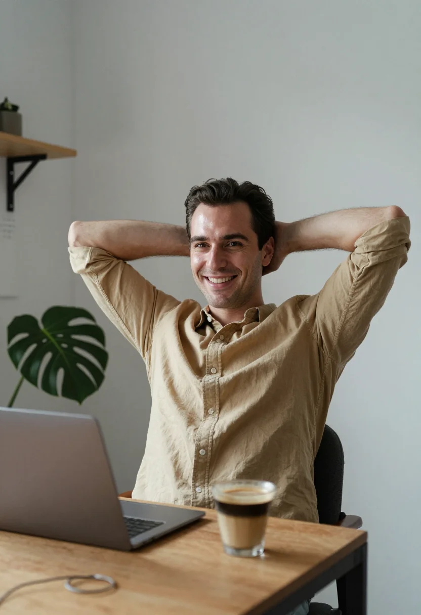 AI home office desk sample — portrait of a man, hip-up portrait of a Western-European man