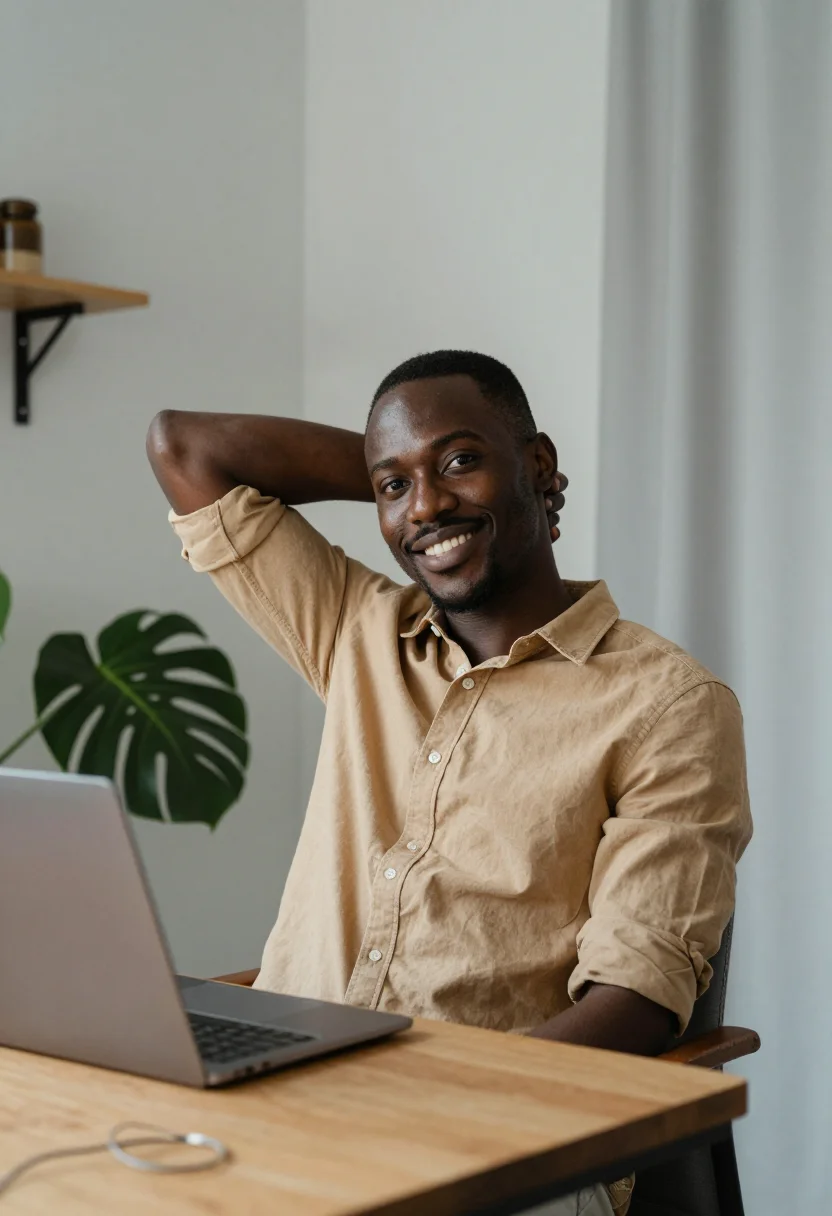 AI home office desk sample — portrait of a man, chest-up three-quarter portrait of a Blac