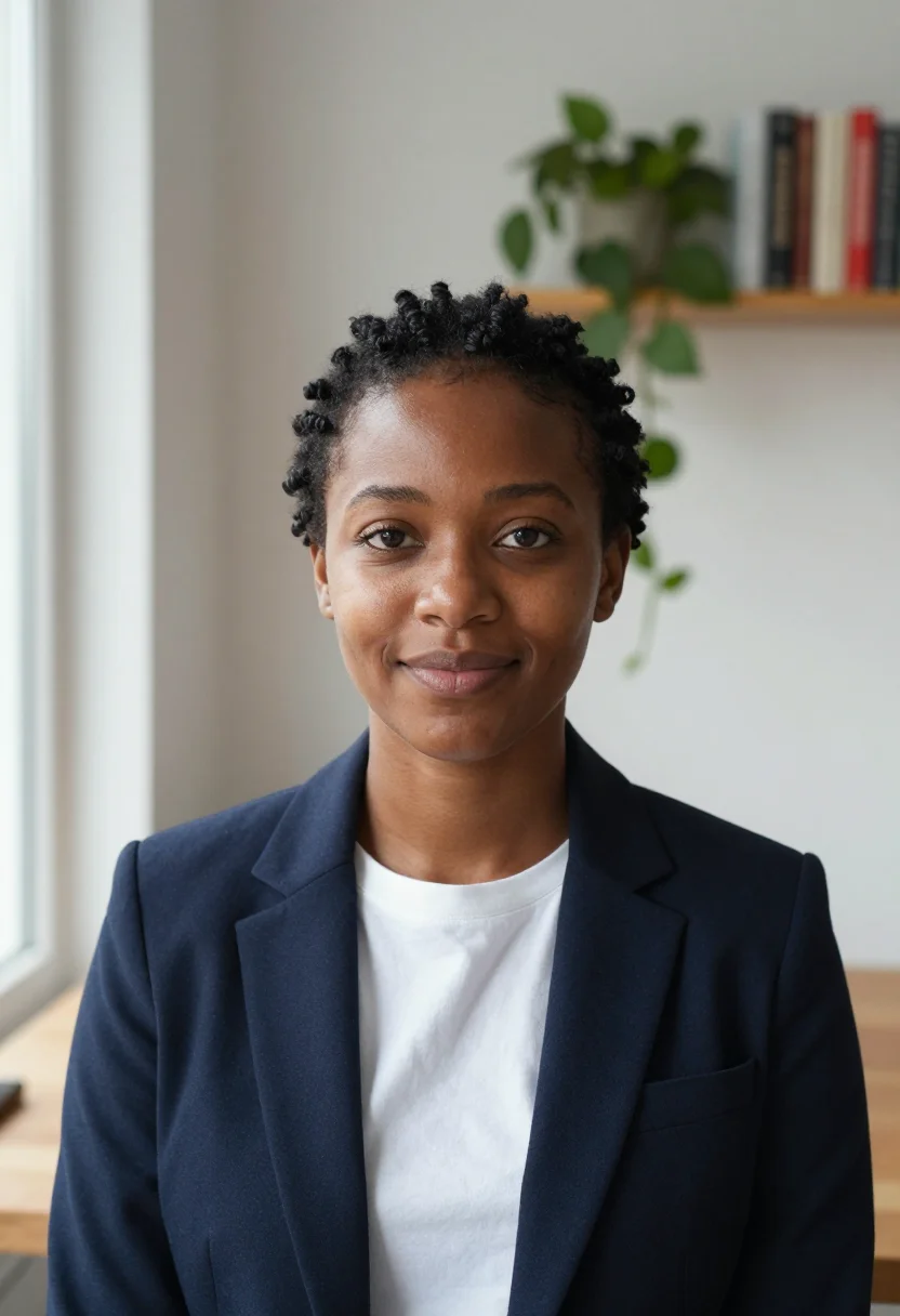 AI home office headshot sample — head-and-shoulders portrait of a woman in her late twenties