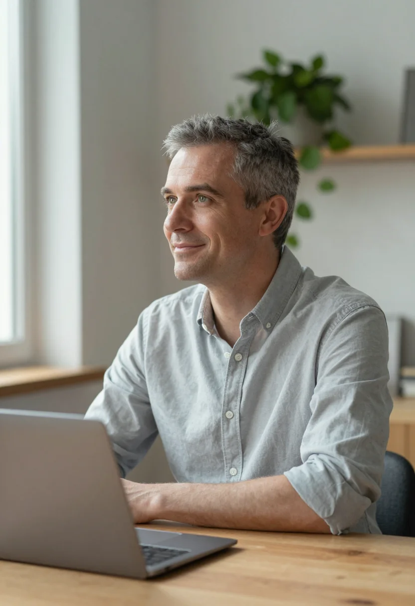 AI home office headshot sample — head-and-shoulders portrait of a man in his fifties with war
