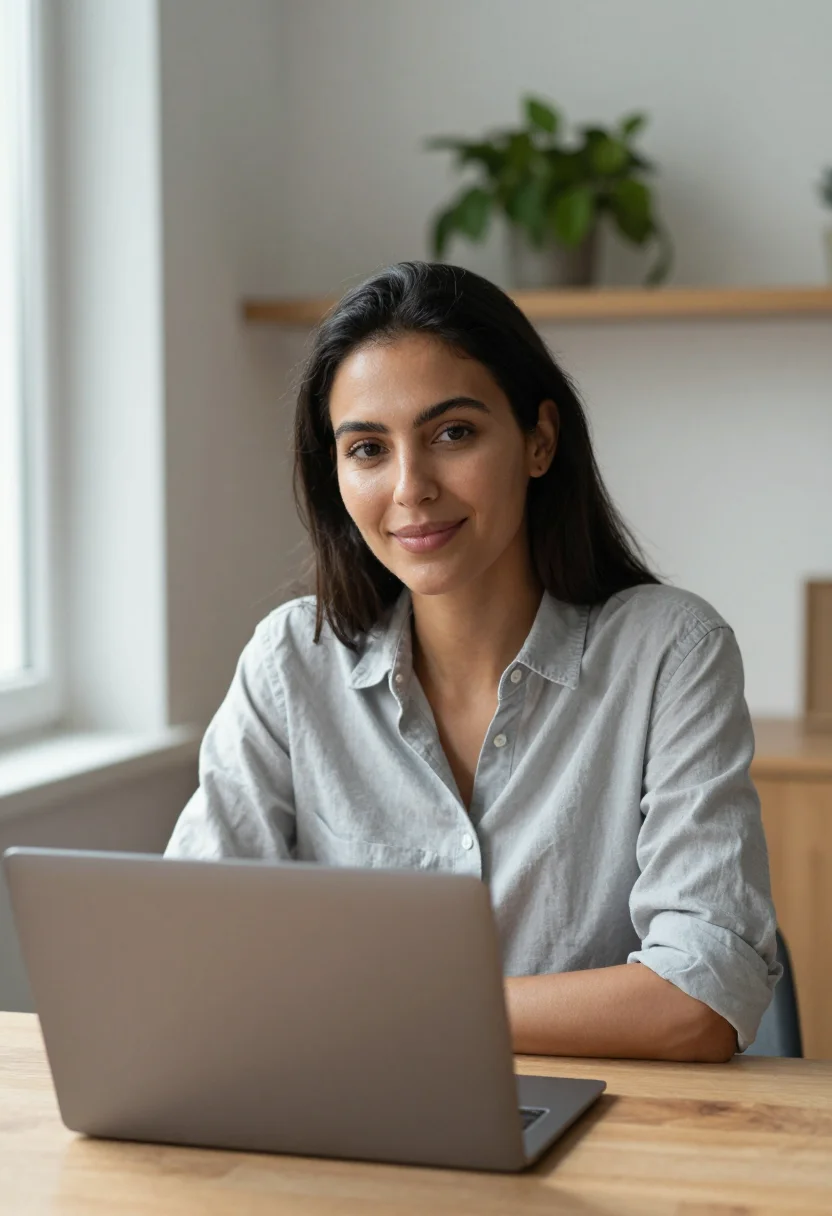 AI home office headshot sample — head-and-shoulders portrait of a woman in her mid-thirties w