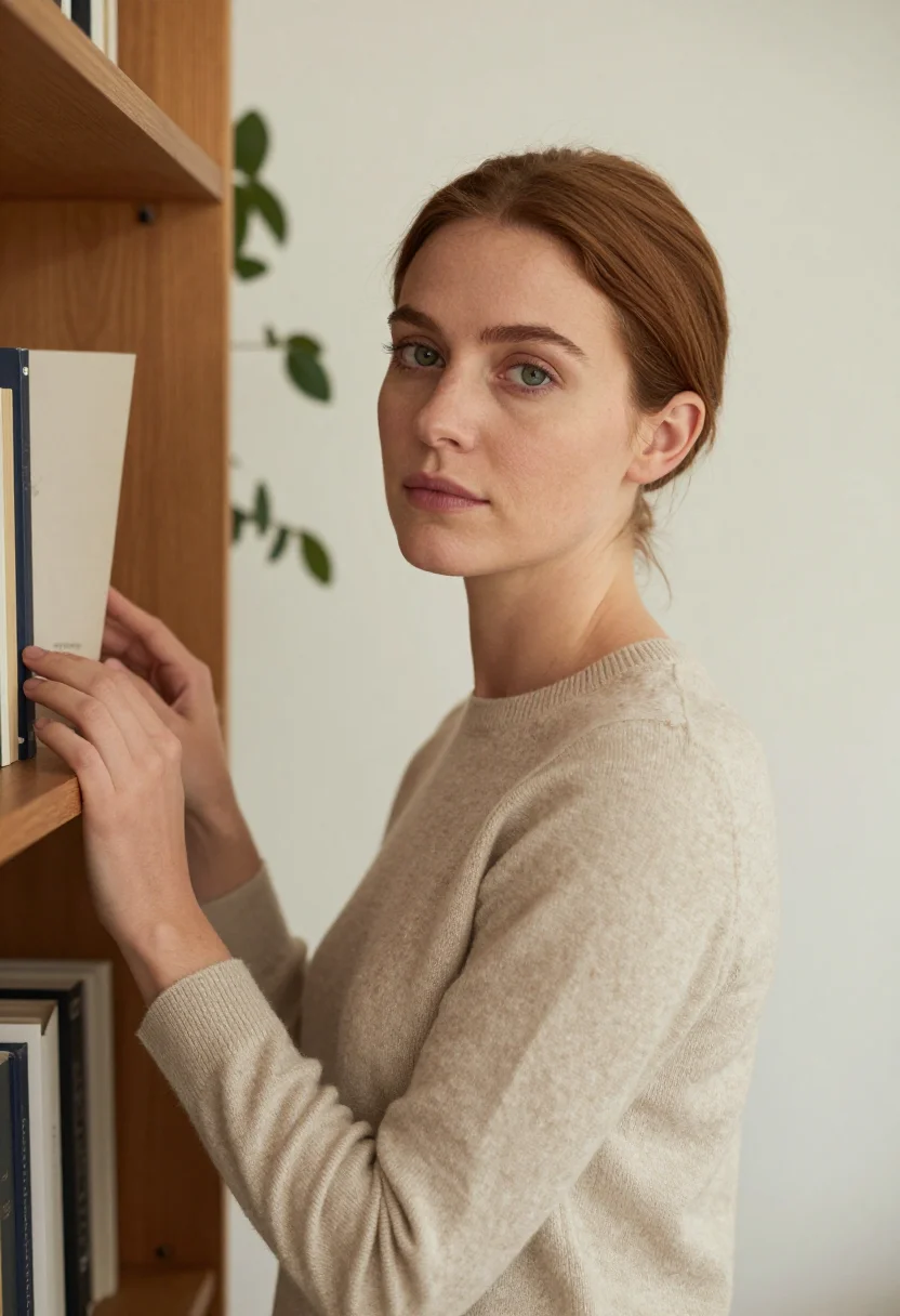 AI home office headshot sample — head-and-shoulders portrait of a woman in her late twenties