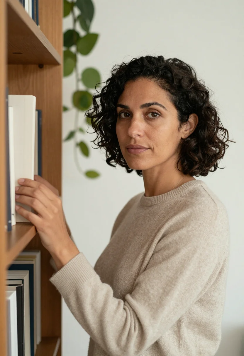 AI home office headshot sample — head-and-shoulders portrait of a woman in her early forties