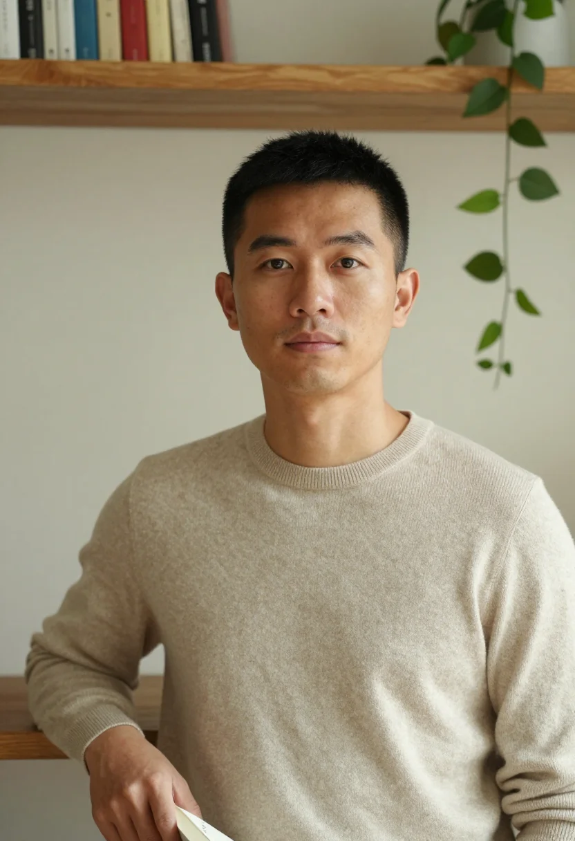 AI home office headshot sample — head-and-shoulders portrait of an East-Asian man in his thir