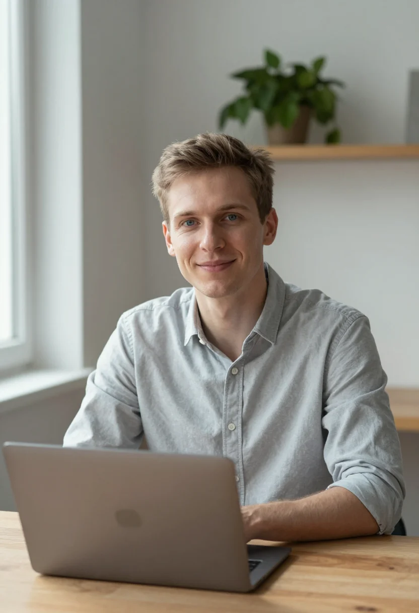 AI home office headshot sample — head-and-shoulders portrait of a man in his early thirties w