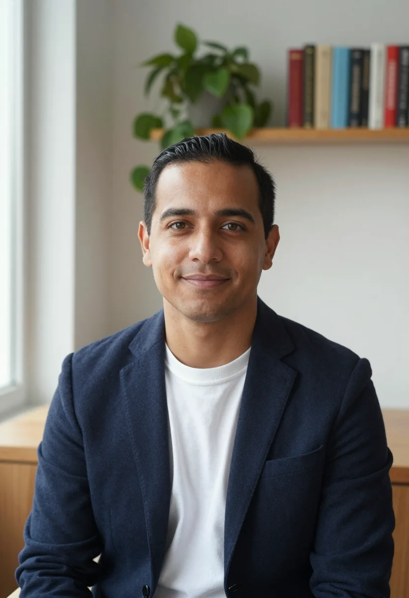 AI home office headshot sample — head-and-shoulders portrait of a man in his forties with war