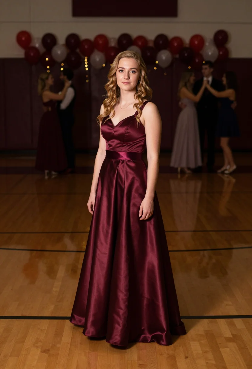 AI homecoming court burgundy sample — portrait of a woman, full-length portrait of a Western-Europ