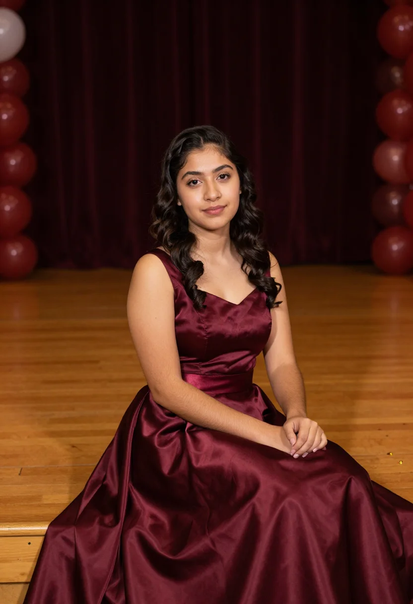 AI homecoming court burgundy sample — portrait of a woman, chest-up portrait of a Latina woman in