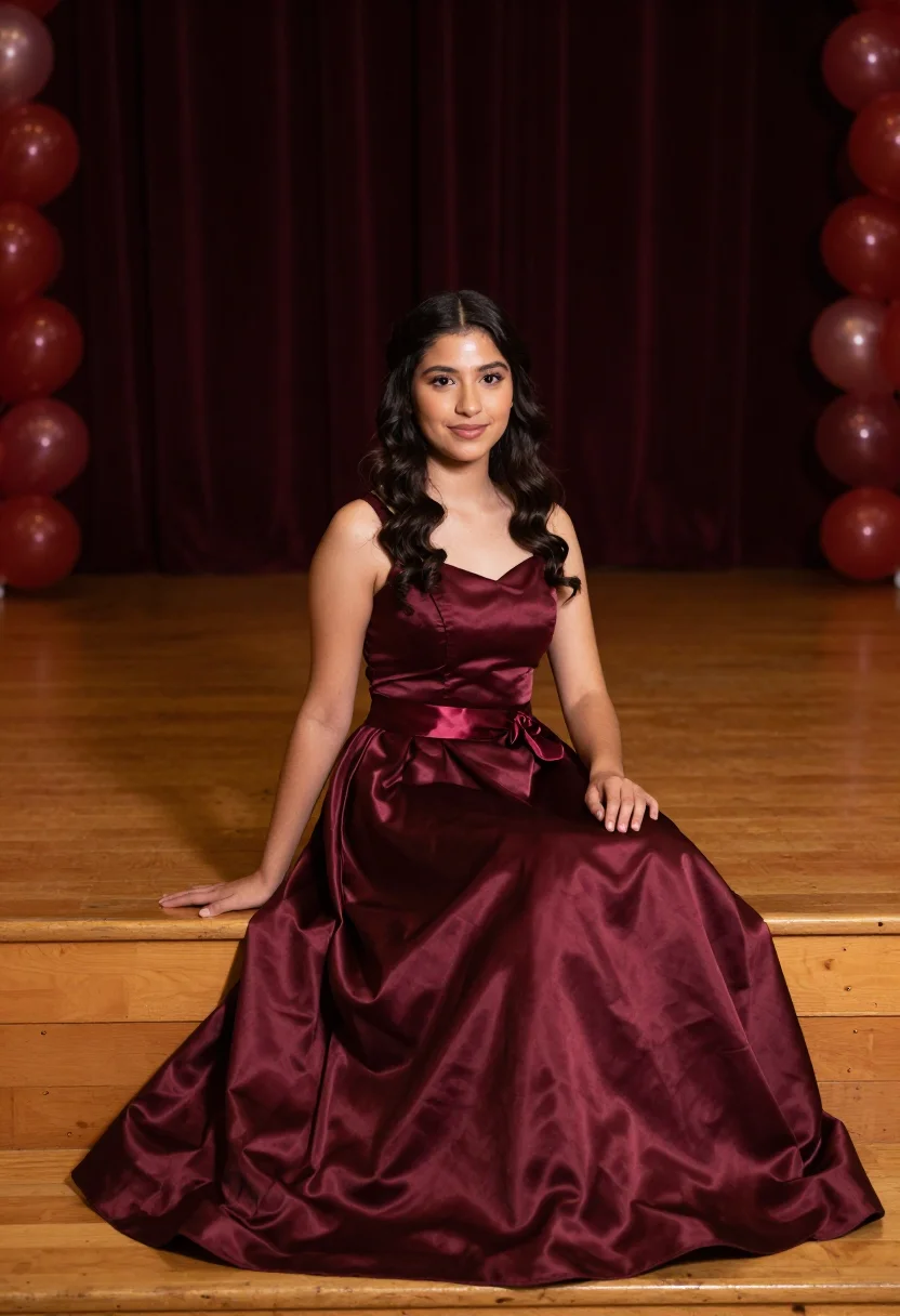 AI homecoming court burgundy sample — portrait of a woman, half-length portrait of a Latina woman