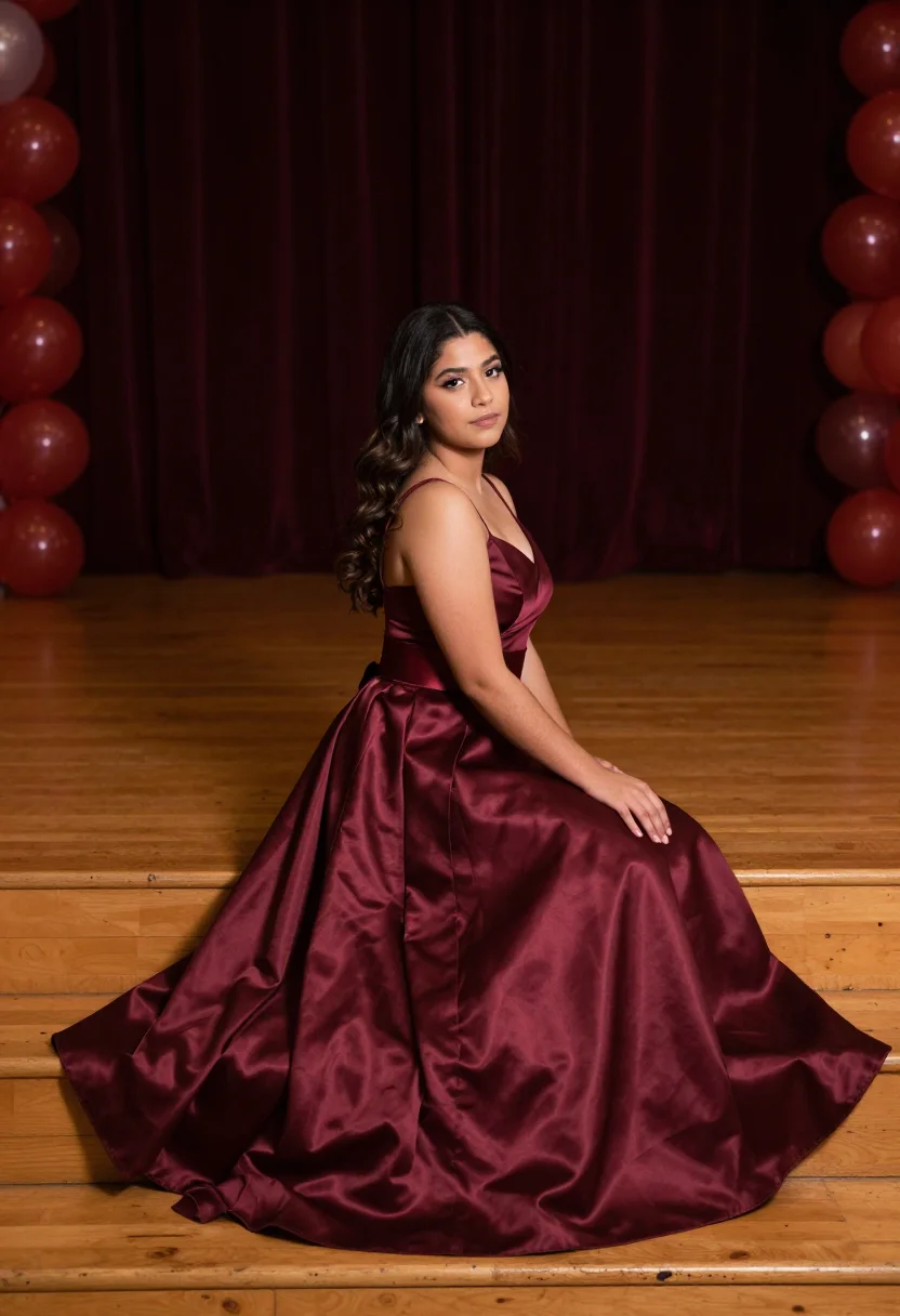 AI homecoming court burgundy sample — portrait of a woman, three-quarter-length portrait of a Lati