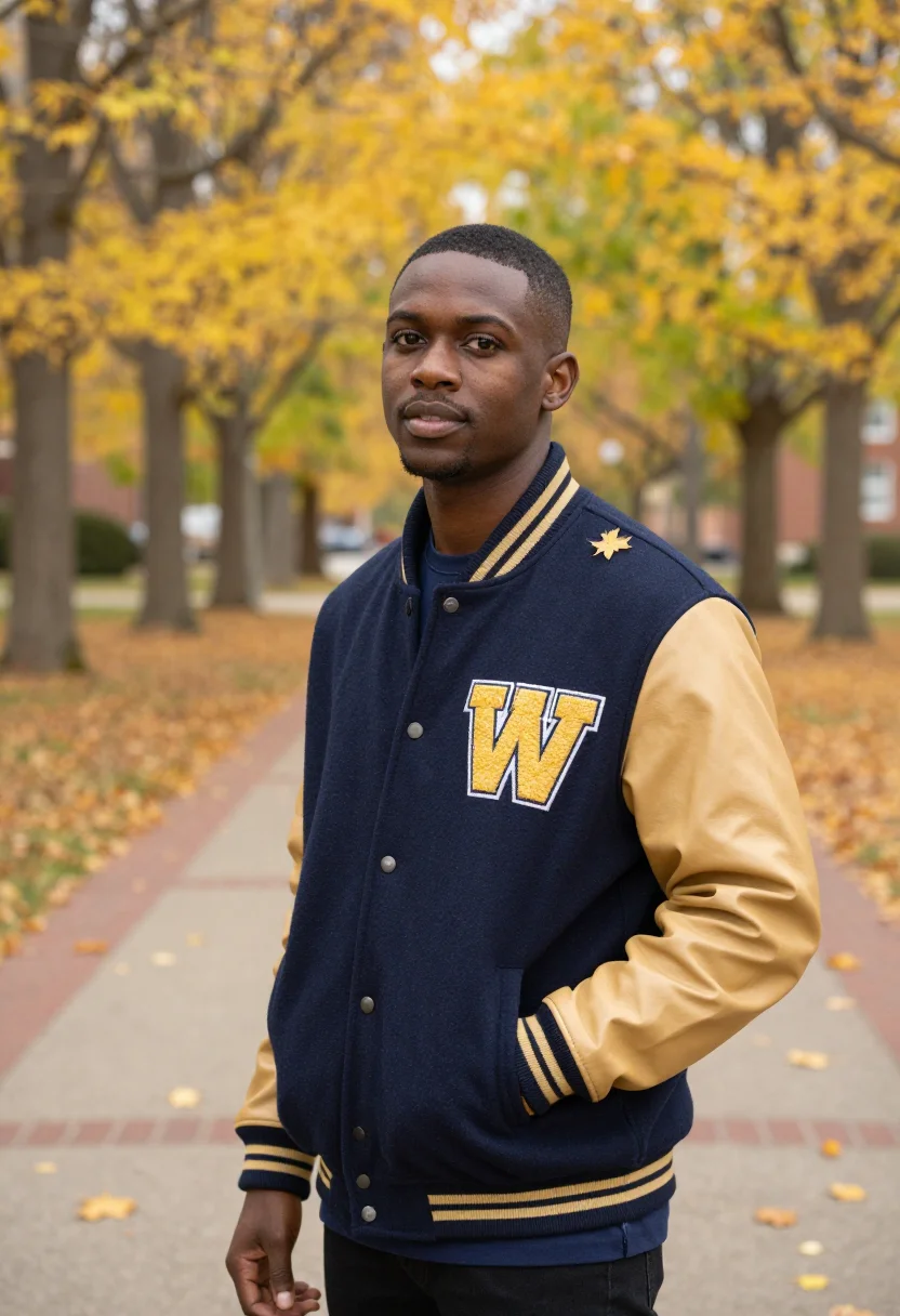 AI homecoming letterman navy gold sample — portrait of a man, half-length portrait of an African-Americ