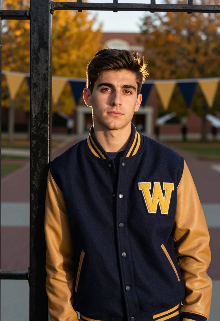 AI homecoming letterman navy gold sample — portrait of a man, chest-up portrait of a Western-European m