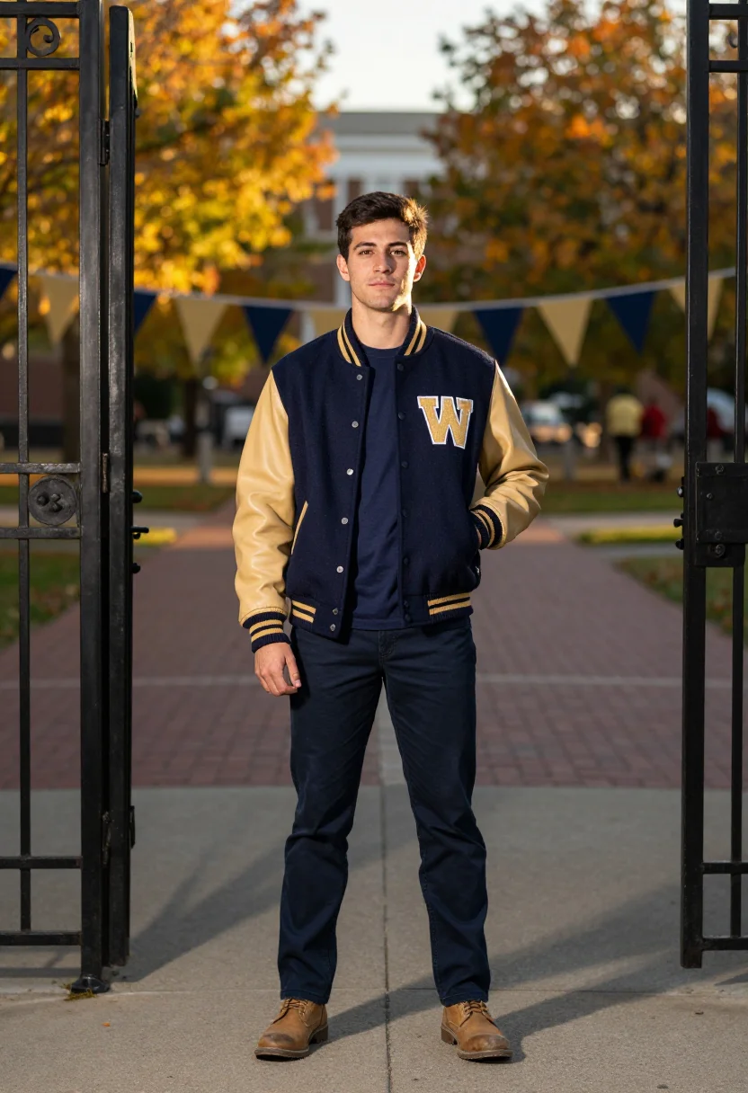 AI homecoming letterman navy gold sample — portrait of a man, full-length portrait of a Western-Europea
