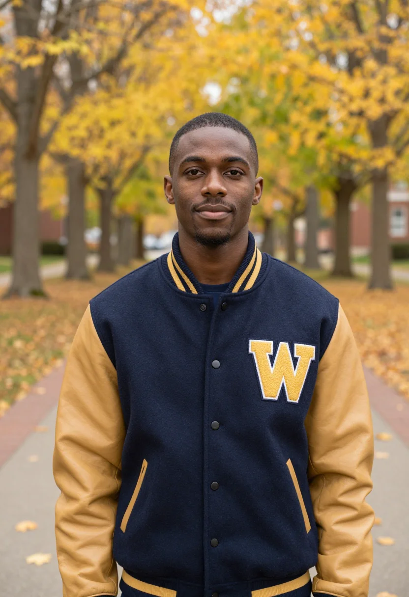 AI homecoming letterman navy gold sample — portrait of a man, chest-up portrait of an African-American