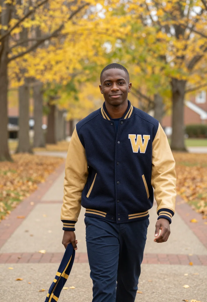 AI homecoming letterman navy gold sample — portrait of a man, three-quarter-length portrait of an Afric