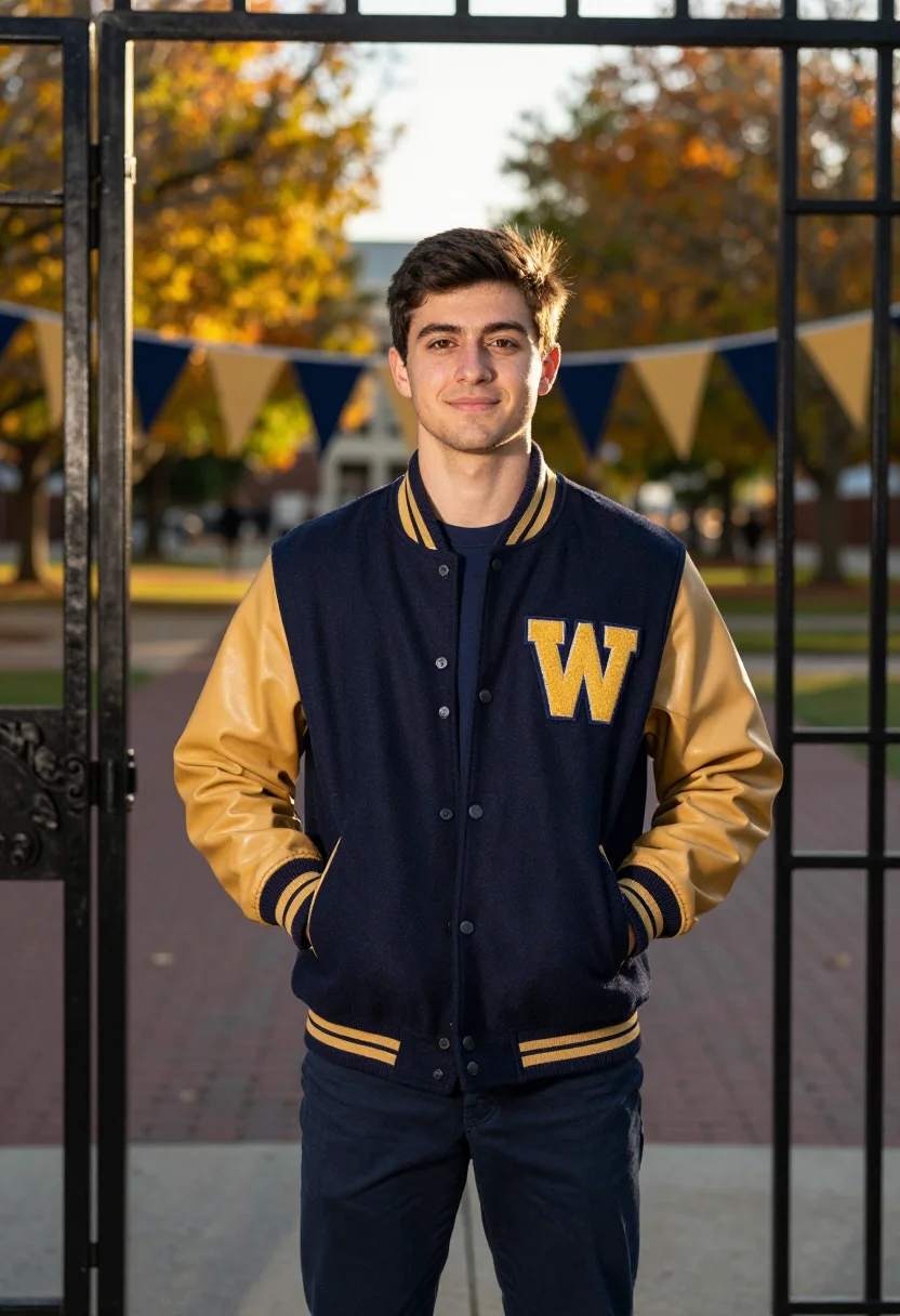AI homecoming letterman navy gold sample — portrait of a man, three-quarter-length portrait of a Wester