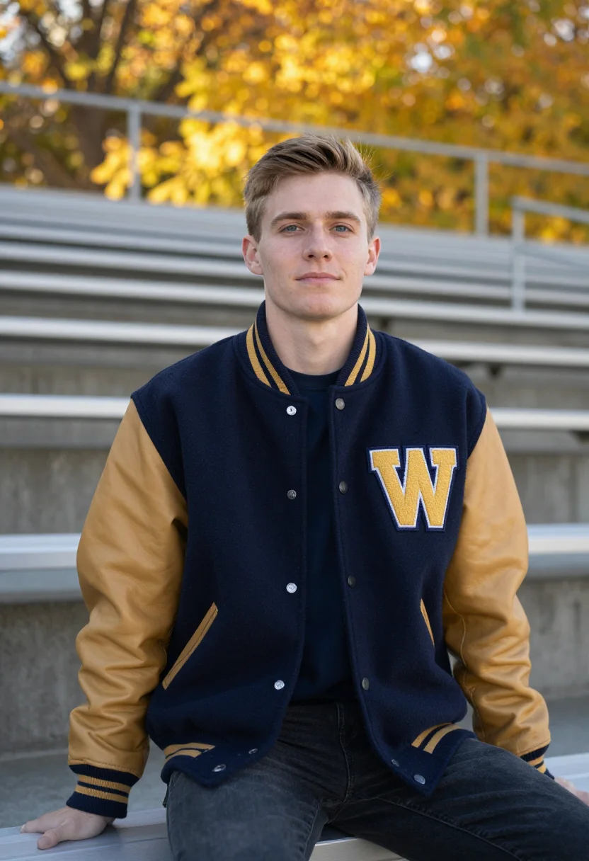 AI homecoming letterman navy gold sample — portrait of a man, half-length portrait of a Western-Europea