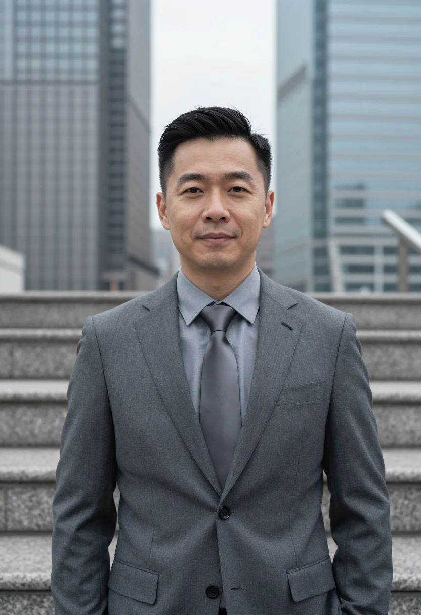 AI hong kong central banker slate sample — portrait of a man, framed chest-up from the ribs with the bo