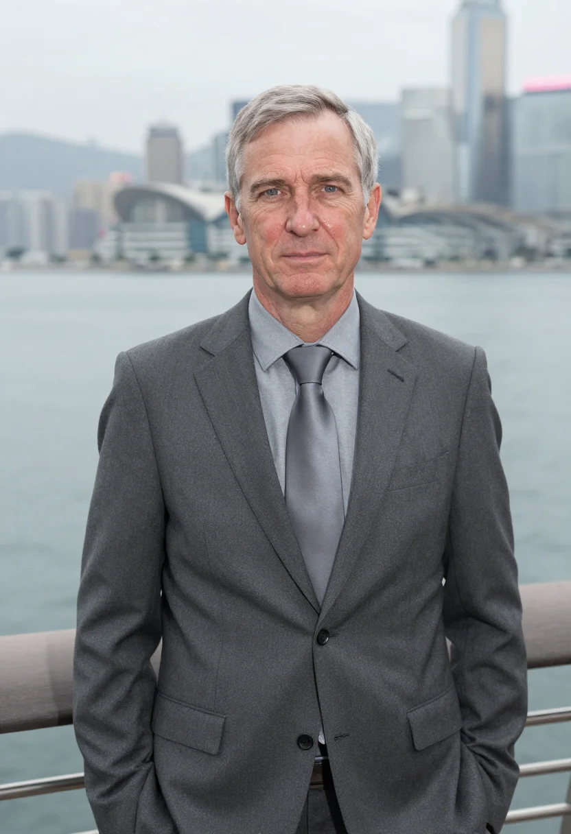 AI hong kong central banker slate sample — portrait of a man, framed chest-up from the ribs with the bo