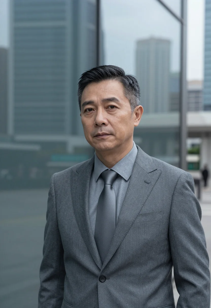 AI hong kong central banker slate sample — portrait of a man, framed chest-up from the ribs with the bo